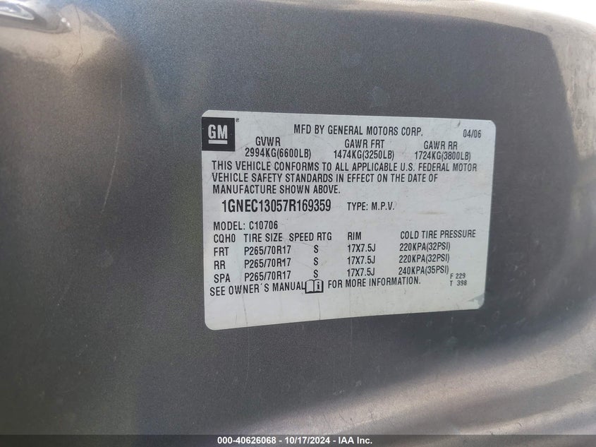 2007 Chevrolet Tahoe C1500 VIN: 1GNEC13057R169359 Lot: 40626068