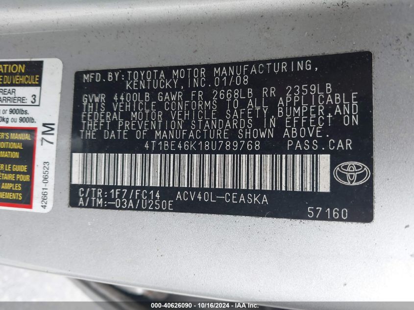 2008 Toyota Camry Se VIN: 4T1BE46K18U789768 Lot: 40626090