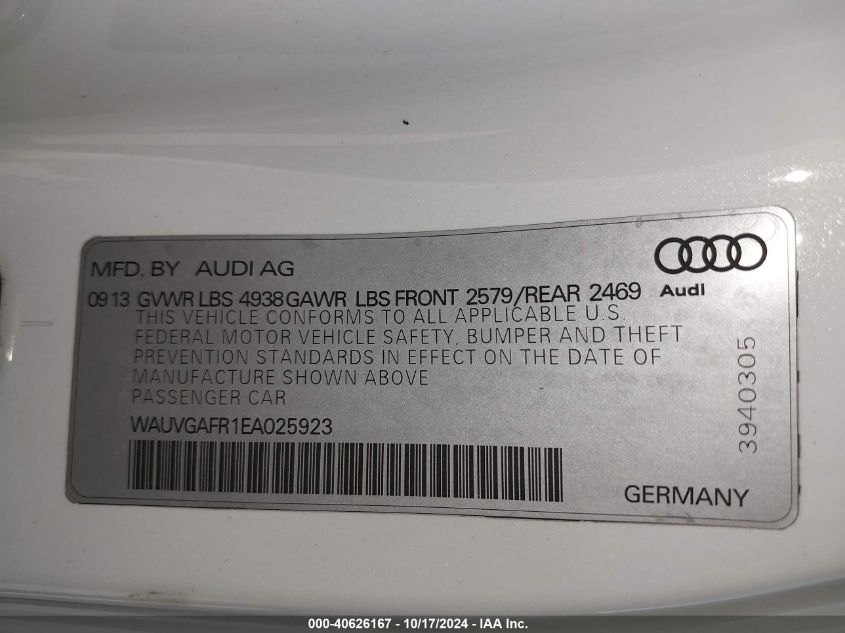 2014 Audi S5 Prestige VIN: WAUVGAFR1EA025923 Lot: 40626167