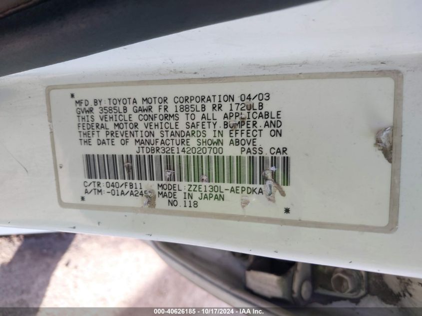 2004 Toyota Corolla Ce VIN: JTDBR32E142020700 Lot: 40626185