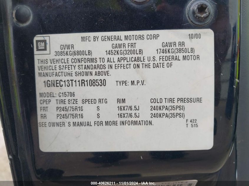 2001 Chevrolet Tahoe Ls VIN: 1GNEC13T11R108530 Lot: 40626211