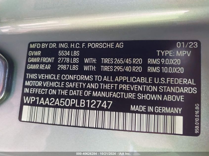 2023 Porsche Macan T VIN: WP1AA2A50PLB12747 Lot: 40626284