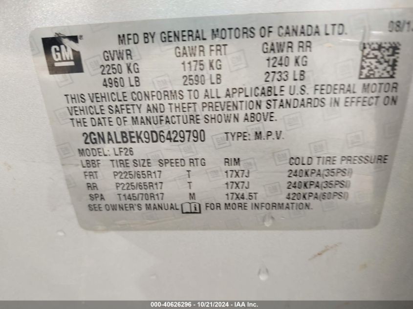 VIN 2GNALBEK9D6429790 2013 Chevrolet Equinox, LS no.9