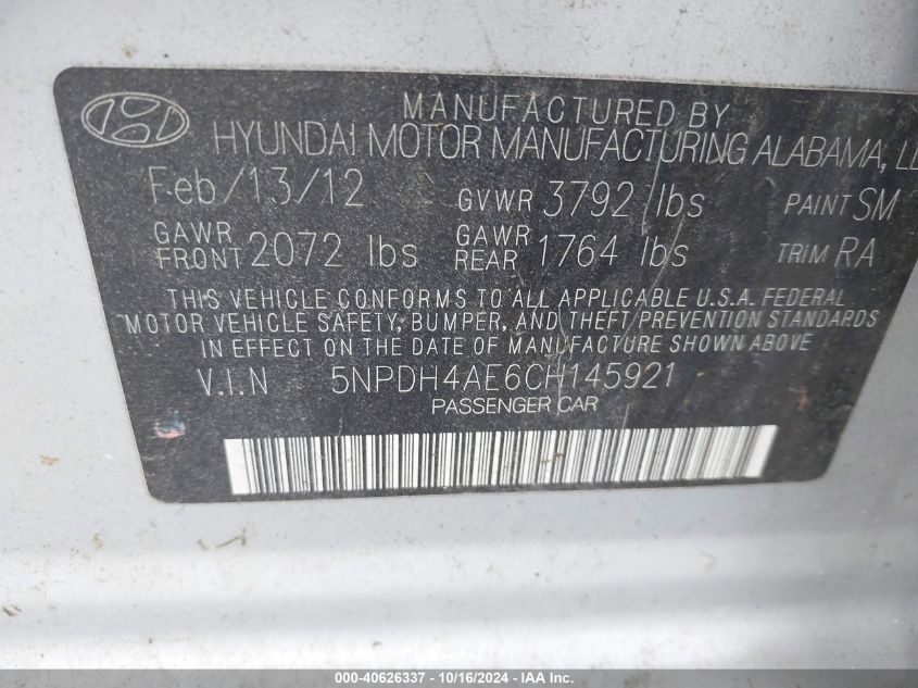 2012 Hyundai Elantra Gls VIN: 5NPDH4AE6CH145921 Lot: 40626337