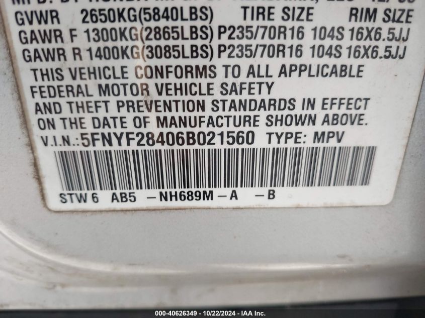 2006 Honda Pilot Ex VIN: 5FNYF28406B021560 Lot: 40626349
