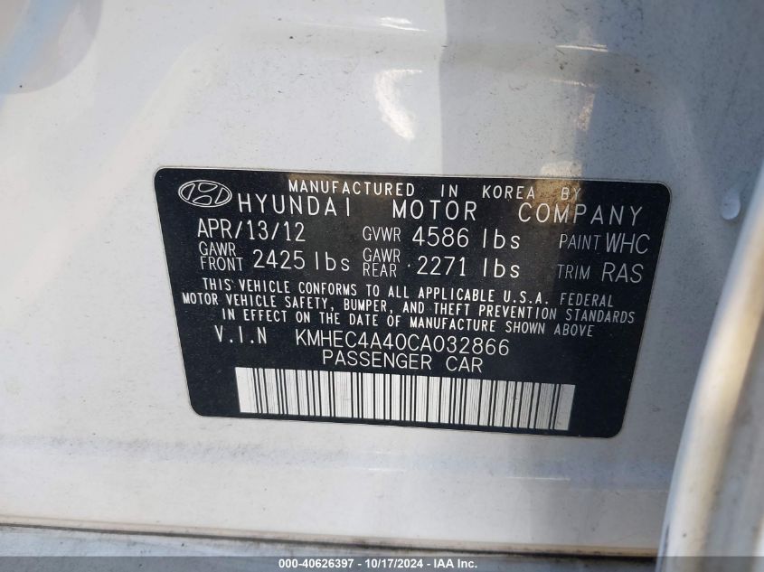 2012 Hyundai Sonata Hybrid VIN: KMHEC4A40CA032866 Lot: 40626397