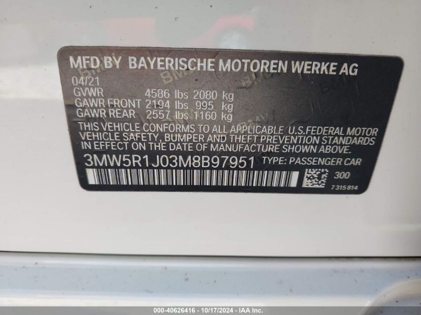 2021 BMW 330I VIN: 3MW5R1J03M8B97951 Lot: 40626416