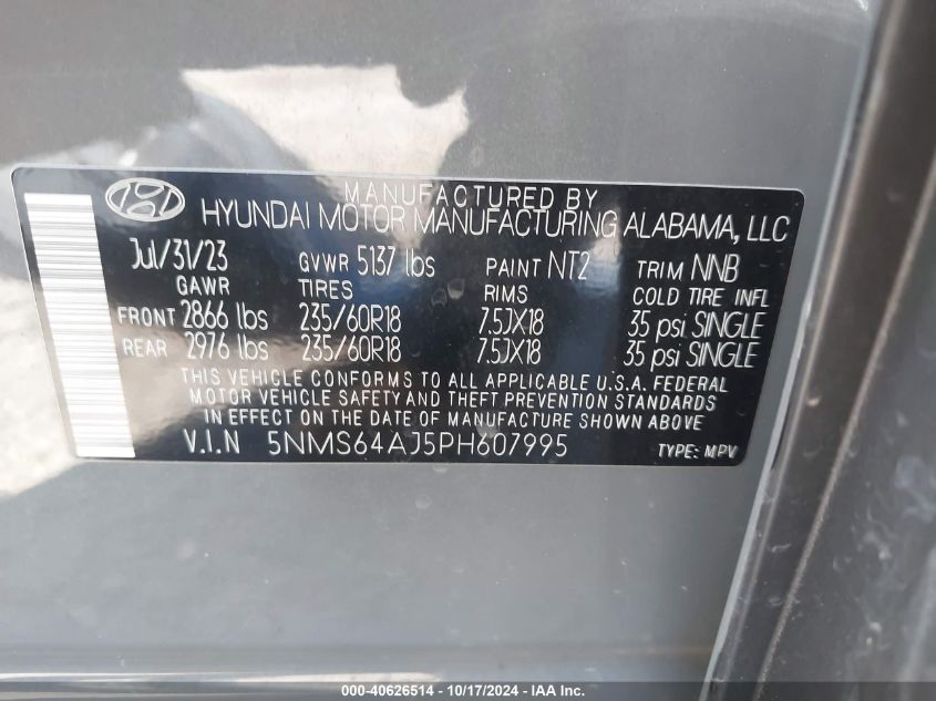 2023 Hyundai Santa Fe Xrt VIN: 5NMS64AJ5PH607995 Lot: 40626514