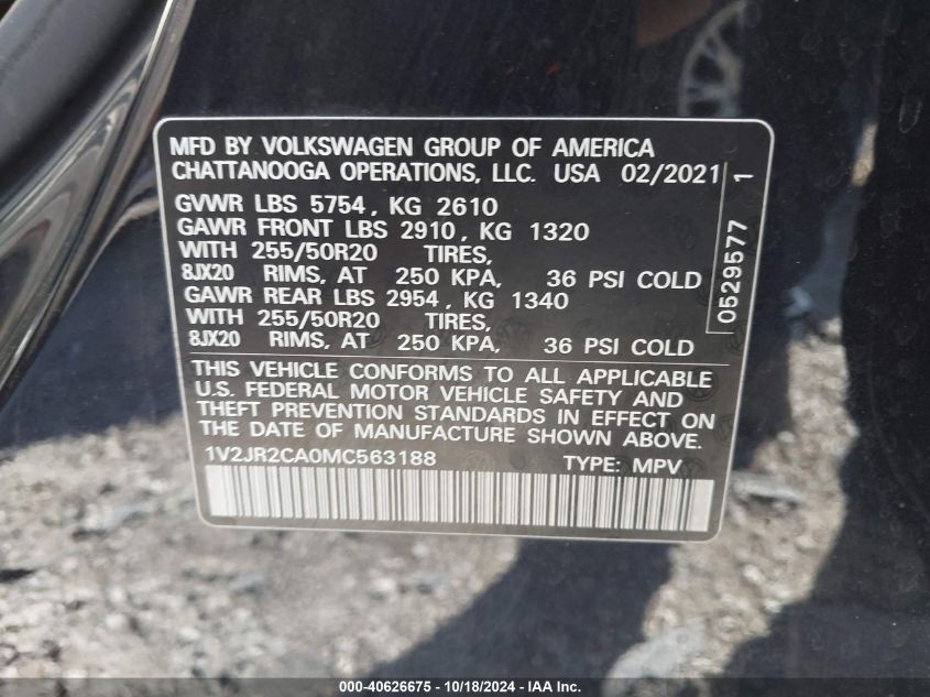 2021 Volkswagen Atlas 3.6L V6 Se W/Technology VIN: 1V2JR2CA0MC563188 Lot: 40626675