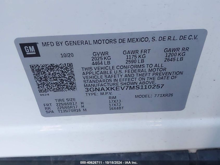 2021 Chevrolet Equinox Fwd Lt VIN: 3GNAXKEV7MS110257 Lot: 40626711