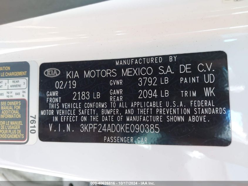 2019 Kia Forte Lxs VIN: 3KPF24AD0KE090385 Lot: 40626816