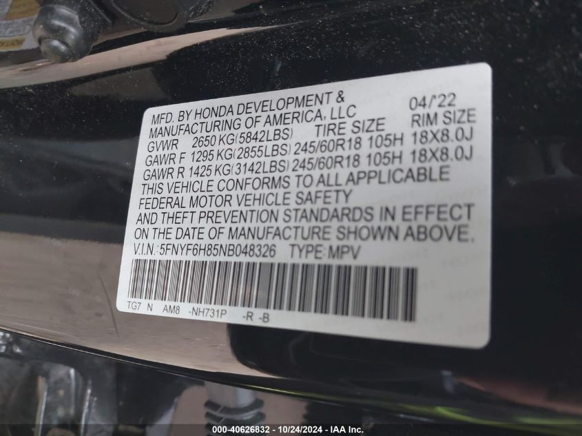 2022 Honda Pilot Trailsport VIN: 5FNYF6H85NB048326 Lot: 40626832