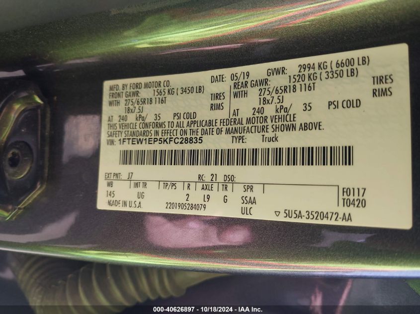 2019 Ford F-150 Xlt VIN: 1FTEW1EP5KFC28835 Lot: 40626897