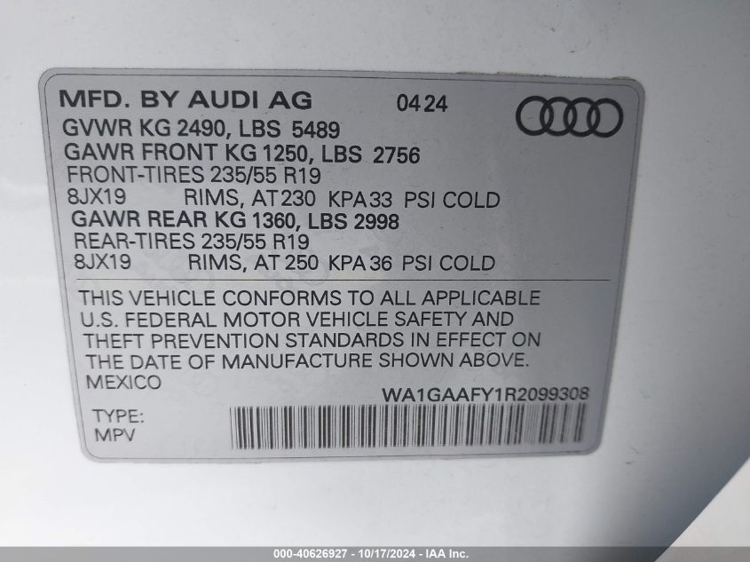 2024 Audi Q5 Premium 45 Tfsi S Line Quattro VIN: WA1GAAFY1R2099308 Lot: 40626927