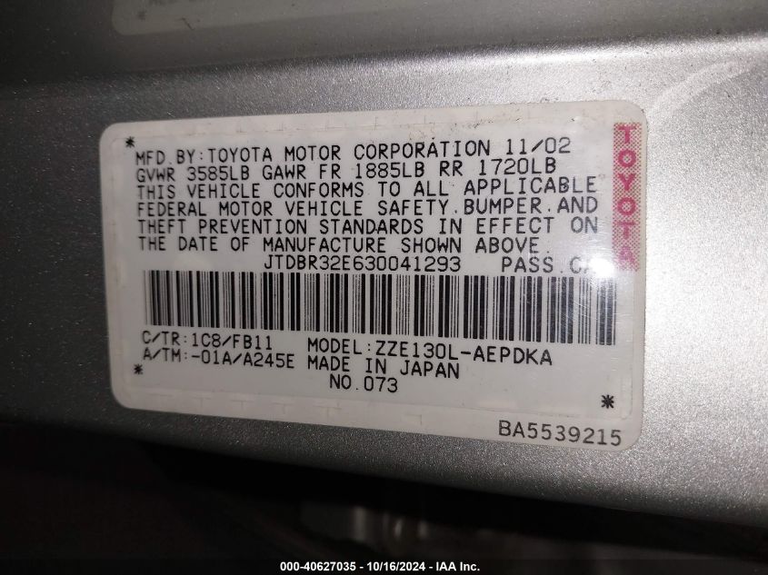 2003 Toyota Corolla Ce VIN: JTDBR32E630041293 Lot: 40627035