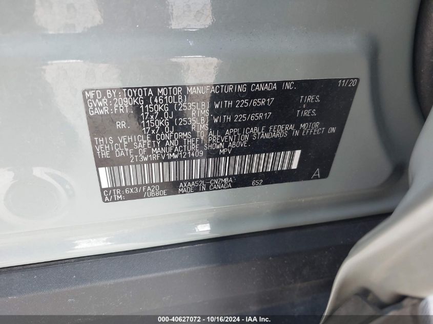 2021 Toyota Rav4 Xle VIN: 2T3W1RFV1MW121409 Lot: 40627072