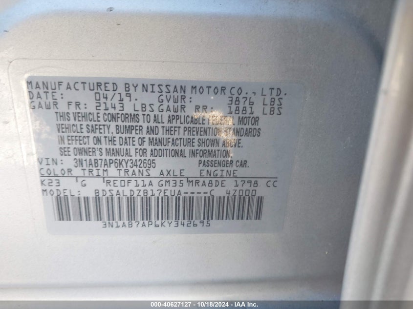 VIN 3N1AB7AP6KY342695 2019 NISSAN SENTRA SV