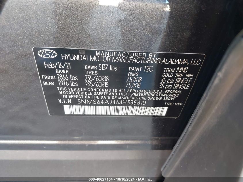 2021 Hyundai Santa Fe Sel VIN: 5NMS64AJ4MH335810 Lot: 40627154