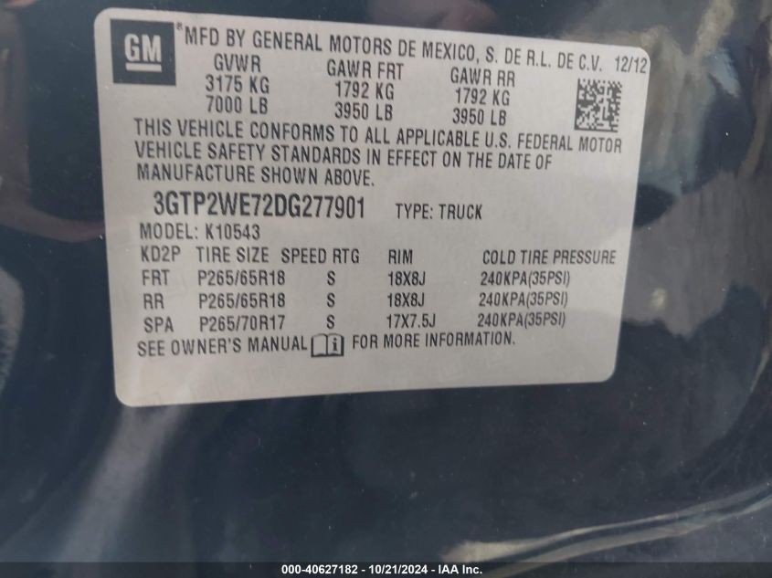 2013 GMC Sierra 1500 Slt VIN: 3GTP2WE72DG277901 Lot: 40627182