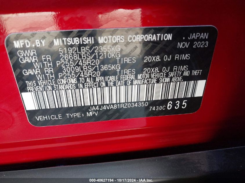 2024 Mitsubishi Outlander Se 2.5 VIN: JA4J4VA81RZ034350 Lot: 40627194