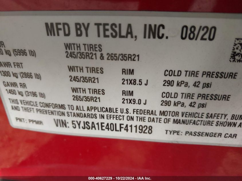 2020 Tesla Model S Performance Dual Motor All-Wheel Drive VIN: 5YJSA1E40LF411928 Lot: 40627229