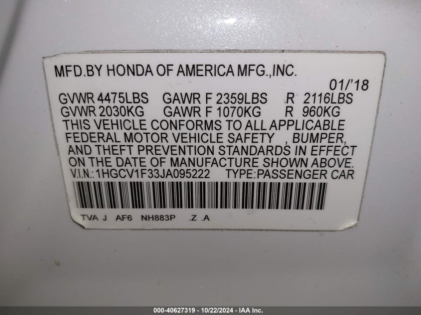 2018 HONDA ACCORD VIN: 1HGCV1F33JA095222
