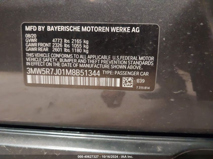 2021 BMW 330I xDrive VIN: 3MW5R7J01M8B51344 Lot: 40627327