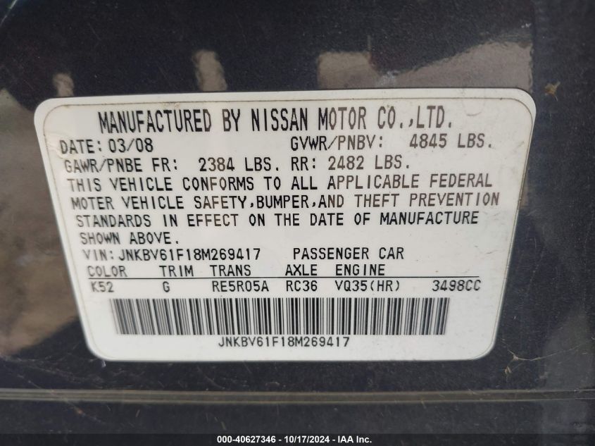 2008 Infiniti G35X VIN: JNKBV61F18M269417 Lot: 40627346