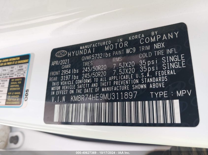 2021 Hyundai Palisade Calligraphy VIN: KM8R74HE9MU311897 Lot: 40627369