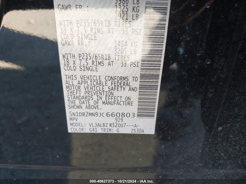 VIN 5N1DR2MN9JC660803 2018 NISSAN PATHFINDER S