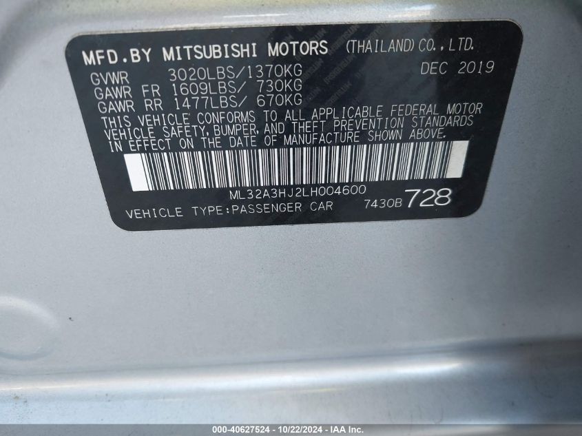 2020 Mitsubishi Mirage Se VIN: ML32A3HJ2LH004600 Lot: 40627524