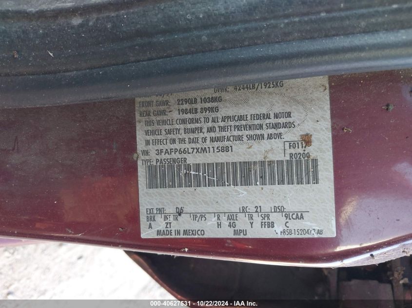 1999 Ford Contour Se VIN: 3FAFP66L7XM115881 Lot: 40627531