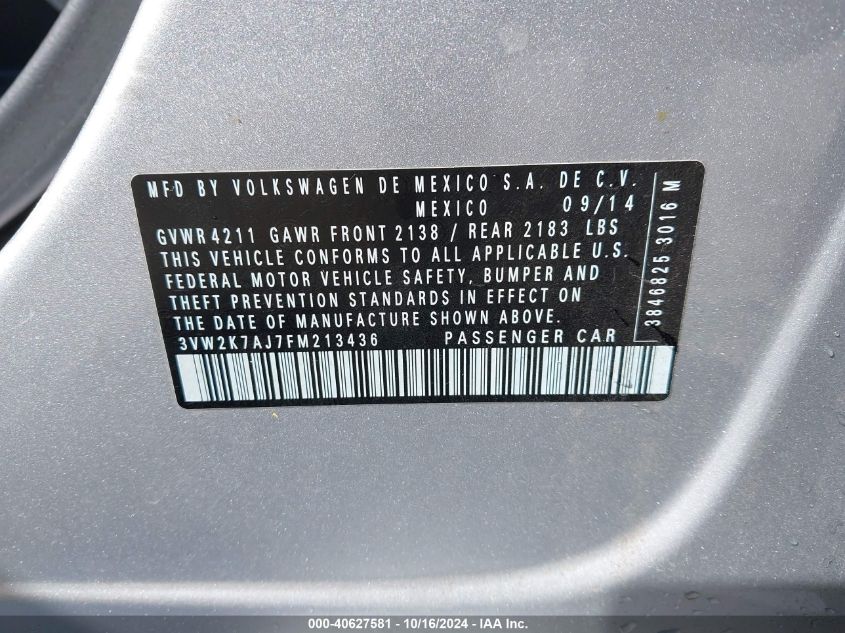 2015 Volkswagen Jetta 2.0L S VIN: 3VW2K7AJ7FM213436 Lot: 40627581