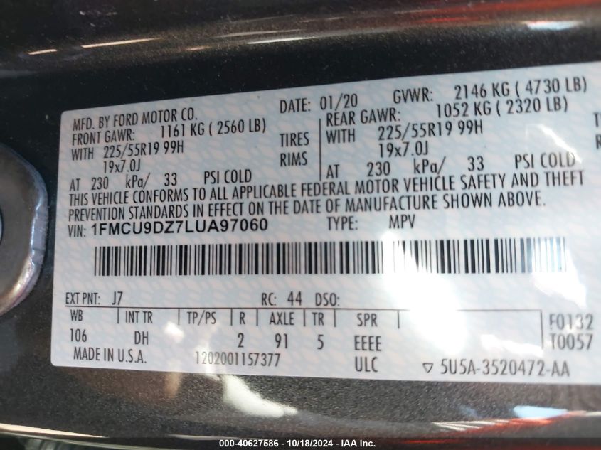 2020 Ford Escape Titanium Hybrid VIN: 1FMCU9DZ7LUA97060 Lot: 40627586