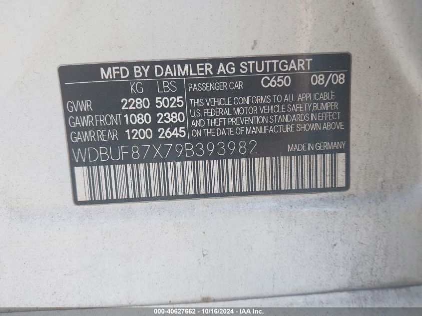 2009 Mercedes-Benz E 350 4Matic VIN: WDBUF87X79B393982 Lot: 40627662