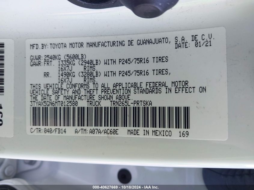 2021 Toyota Tacoma Sr VIN: 3TYAX5GN6MT012580 Lot: 40627669