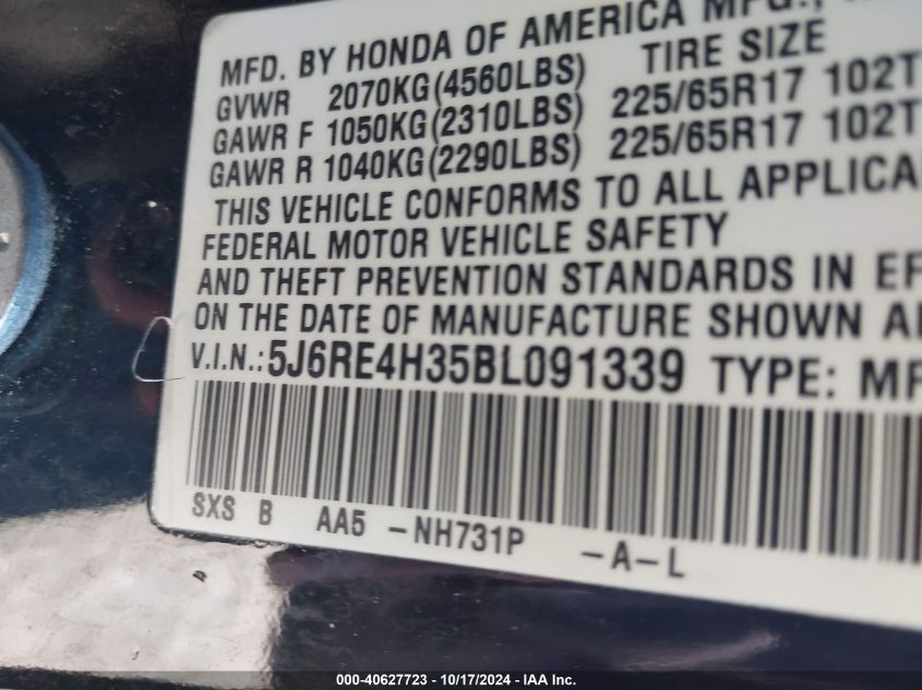 2011 Honda Cr-V Lx VIN: 5J6RE4H35BL091339 Lot: 40627723