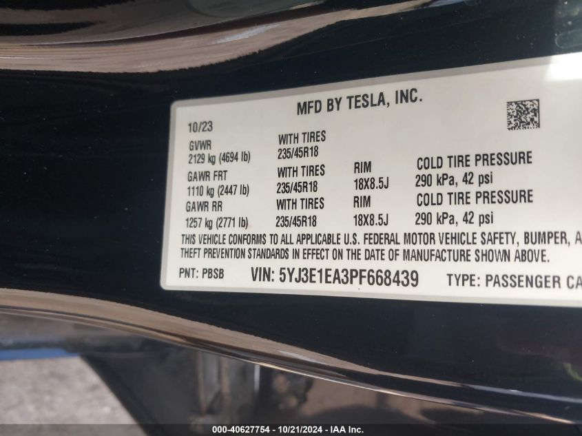 2023 Tesla Model 3 VIN: 5YJ3E1EA3PF668439 Lot: 40627754