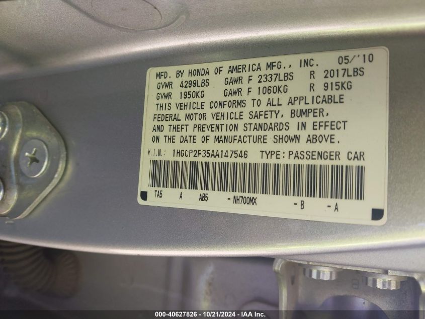 2010 Honda Accord 2.4 Lx VIN: 1HGCP2F35AA147546 Lot: 40627826