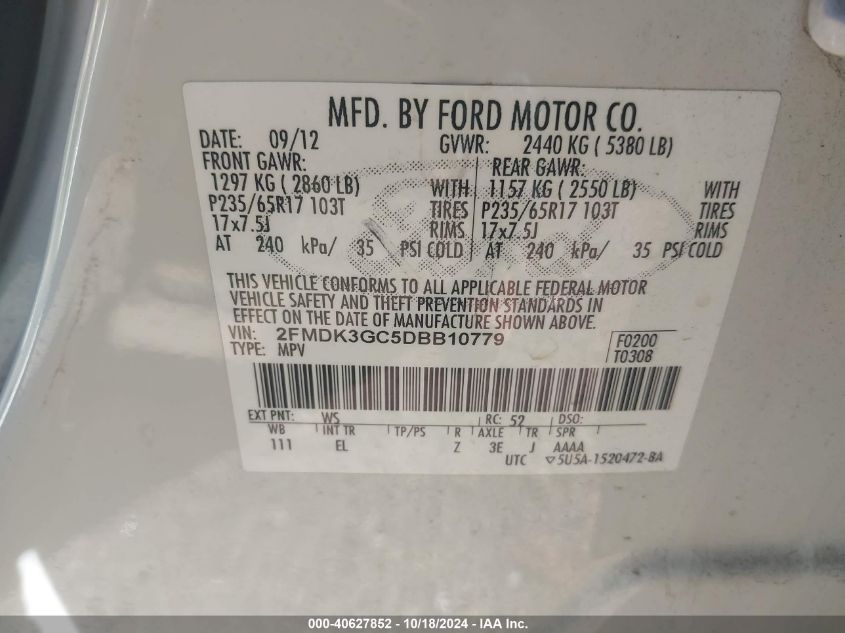 2013 Ford Edge Se VIN: 2FMDK3GC5DBB10779 Lot: 40627852