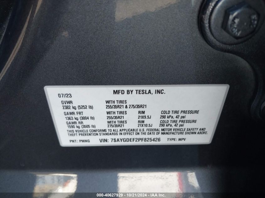 2023 Tesla Model Y Performance Dual Motor All-Wheel Drive VIN: 7SAYGDEF2PF825426 Lot: 40627929