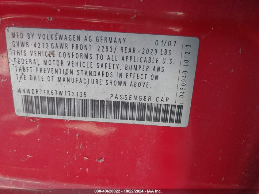 2007 Volkswagen Rabbit 4-Door VIN: WVWDR71K67W173125 Lot: 40628022