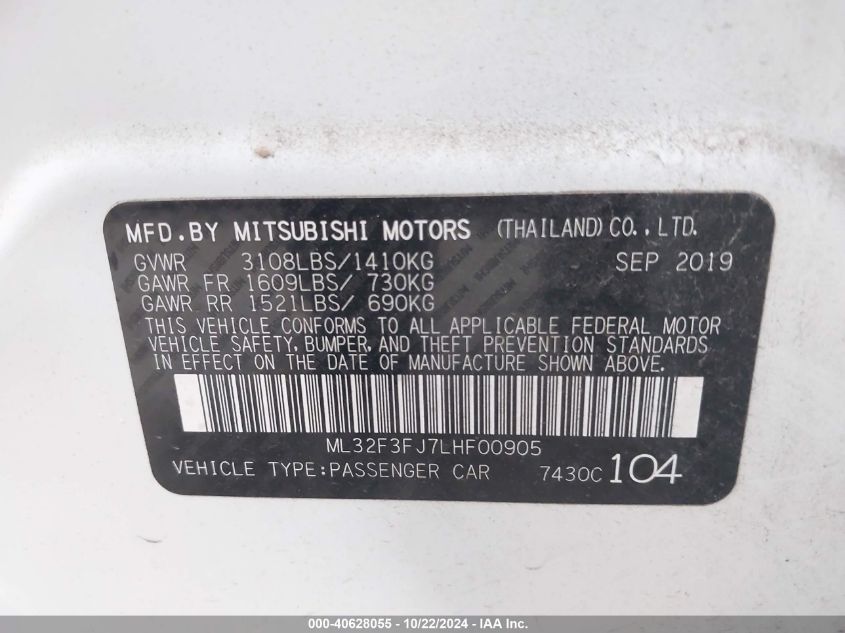 2020 Mitsubishi Mirage G4 Es VIN: ML32F3FJ7LHF00905 Lot: 40628055