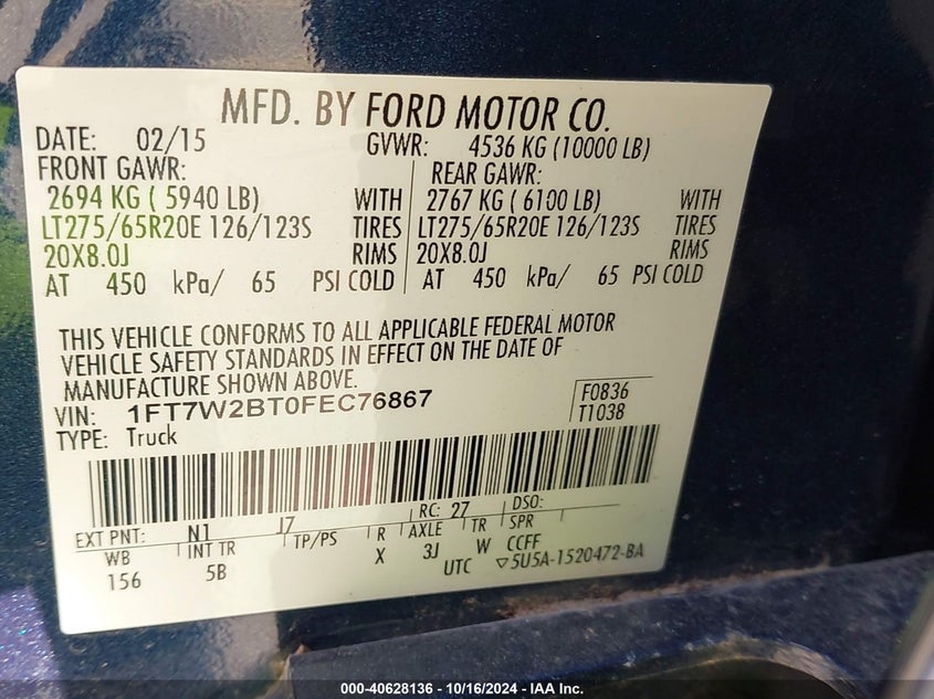 2015 Ford F-250 Lariat VIN: 1FT7W2BT0FEC76867 Lot: 40628136