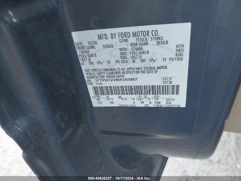 2006 Ford F-150 Lariat/Xlt VIN: 1FTPW12V86KD05867 Lot: 40628227