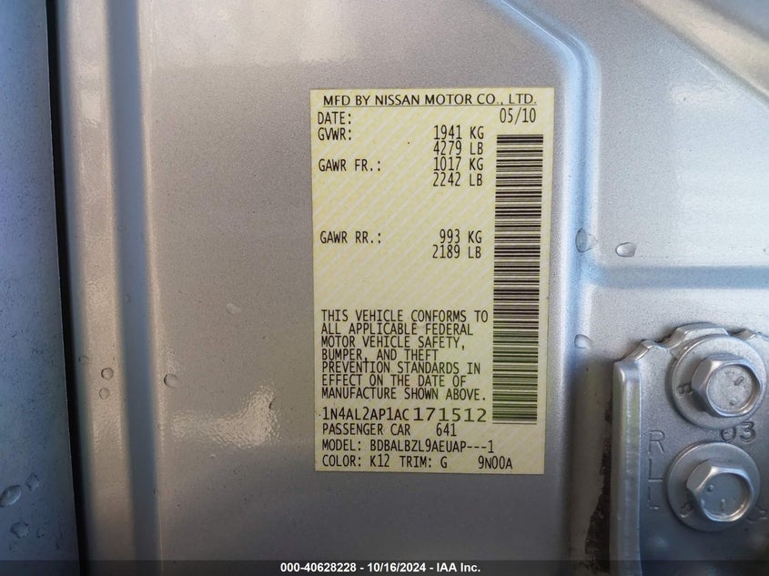 2010 Nissan Altima 2.5 S VIN: 1N4AL2AP1AC171512 Lot: 40628228