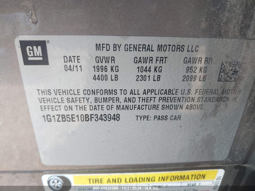2011 CHEVROLET MALIBU VIN: 1G1ZB5E10BF343948