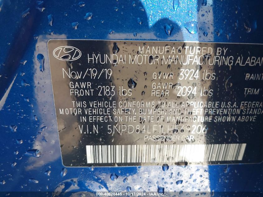 2020 Hyundai Elantra Sel VIN: 5NPD84LF1LH569206 Lot: 40628445