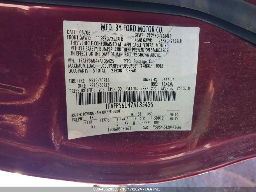 2007 Ford Taurus Sel VIN: 1FAFP56U47A135425 Lot: 40628536