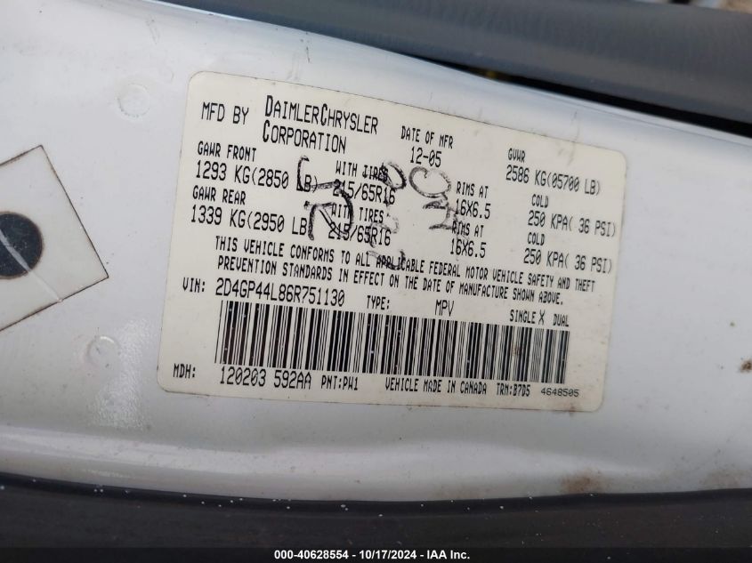 2006 Dodge Grand Caravan Sxt VIN: 2D4GP44L86R751130 Lot: 40628554